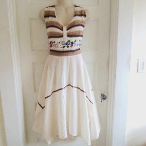 Vintage 70s Cream Embroidered Crochet Smocked Handkerchief Halter Dress OS